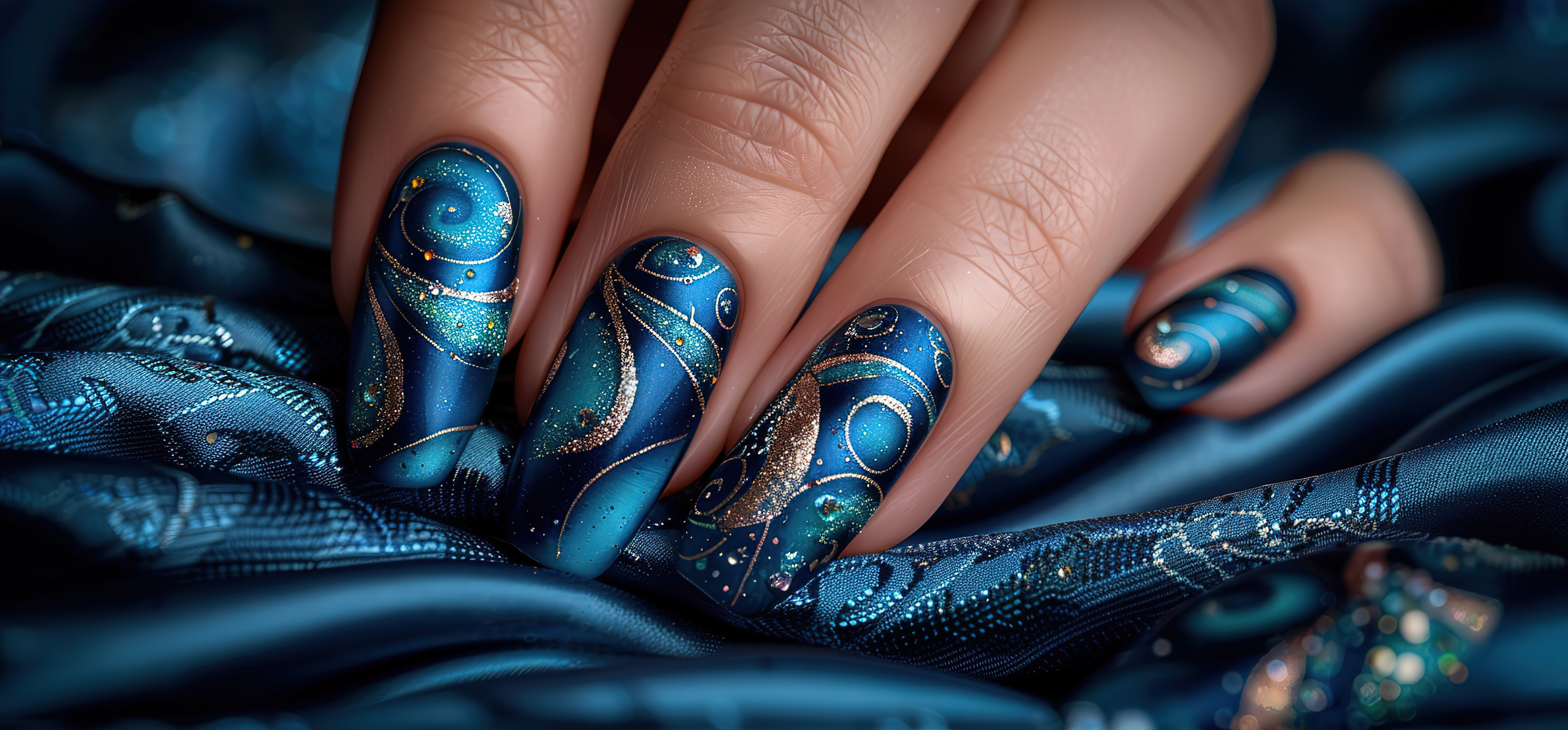 Nails with a blue design.